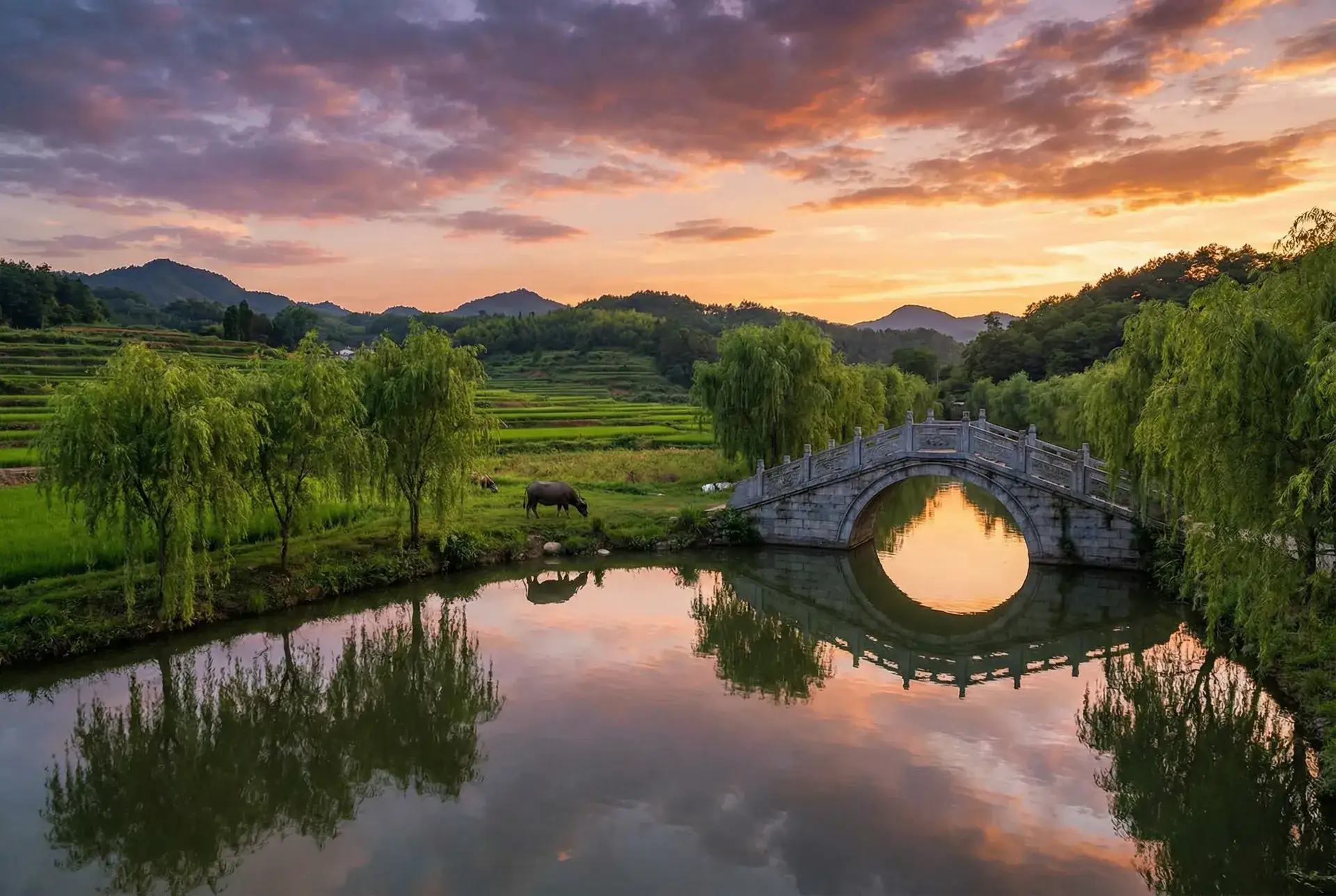 夕阳下的石拱桥与垂柳，水牛在河边吃草 - 午夜dj 免费 乡村美景